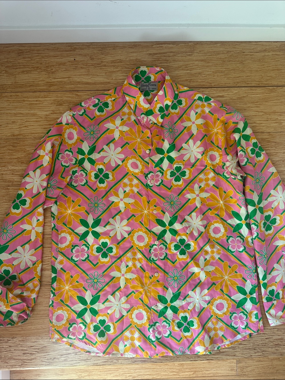 Kenny Flowers Pink Floral Button-Down Shirt with Green & Yellow Accents